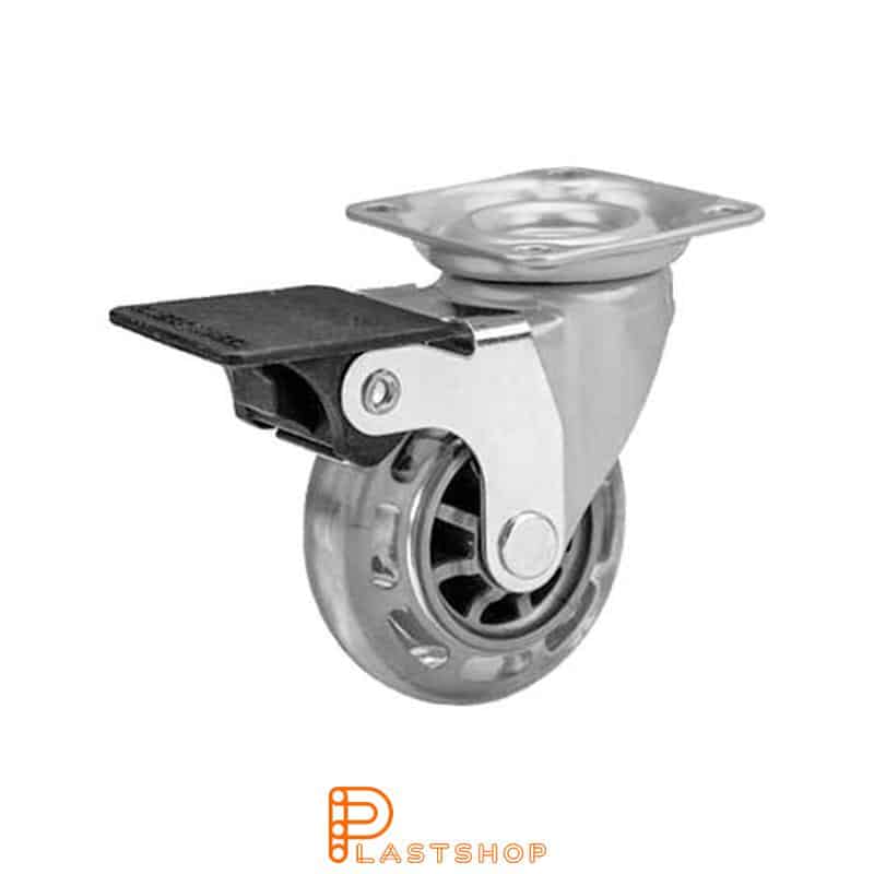 Bromsat länkhjul BP PC/PUR 50/64, 40 kg, GL, transparent bana, silverlackad bygel