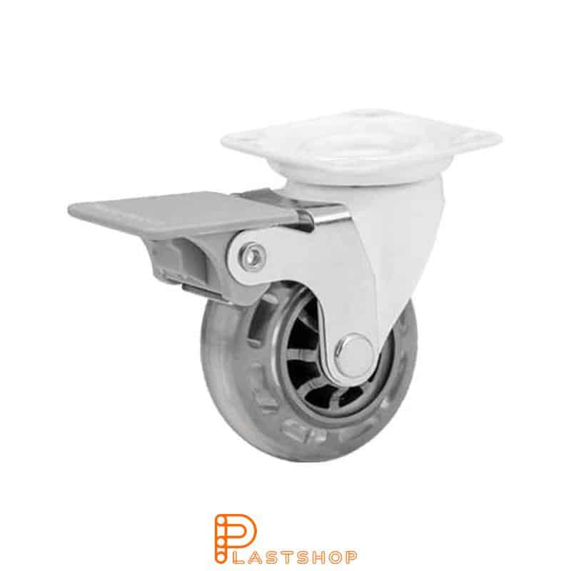 Bromsat länkhjul BP PC/PUR 50/64, 40 kg, GL, transparent bana, vitlackad bygel