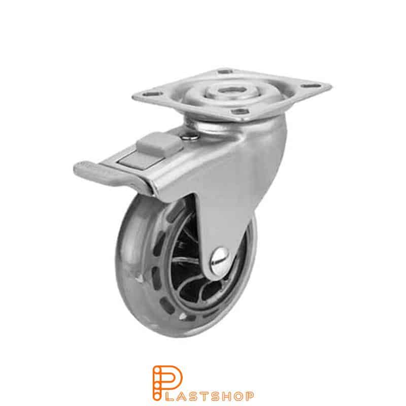 Bromsat länkhjul BP PC/PUR 75/99, 55 kg, GL, transparent bana, silverlackad bygel