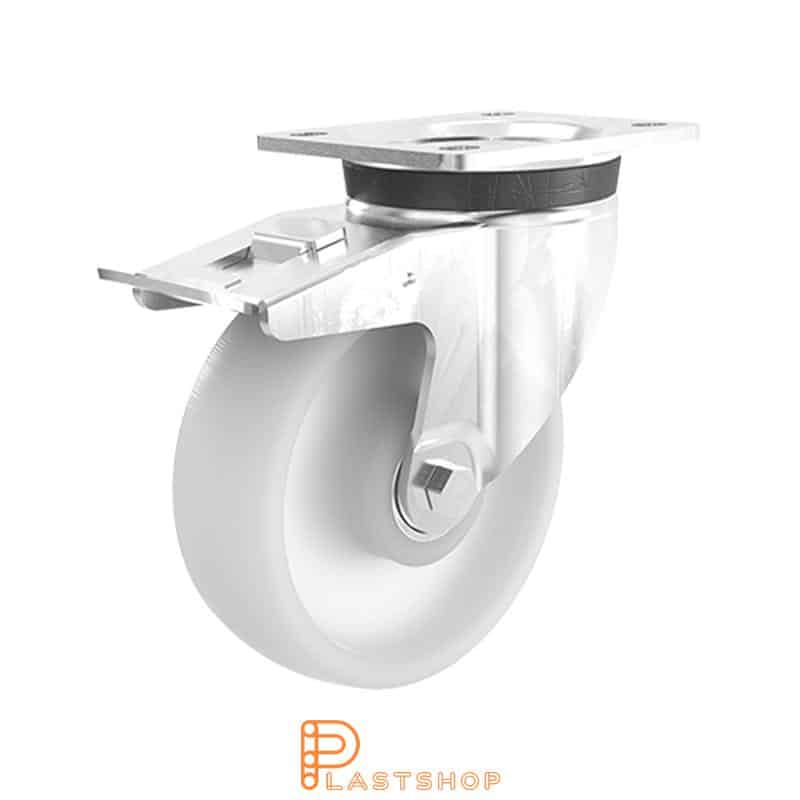 Bromsat länkhjul BP PA6 125/156, 350 kg, DKL, naturfärgad bana
