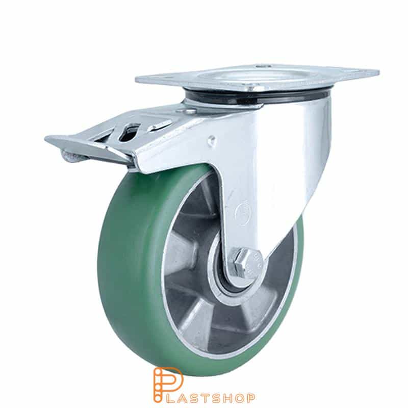 Bromsat länkhjul BP ALU/ElastoPUR 160/195, 350 kg, DKL, grön bana