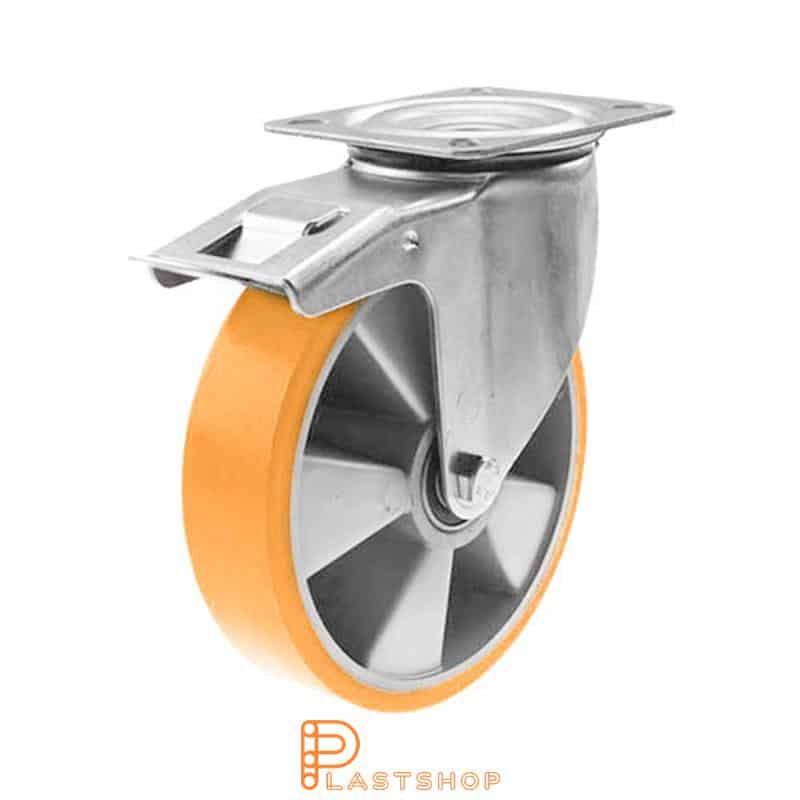 Bromsat länkhjul BP ALU/PUR 200/235, 350 kg, KL, orange bana