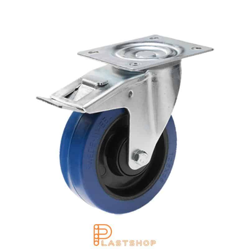 Bromsat länkhjul BP PA6/ElastoGum 125/155, 200 kg, KL, blå bana
