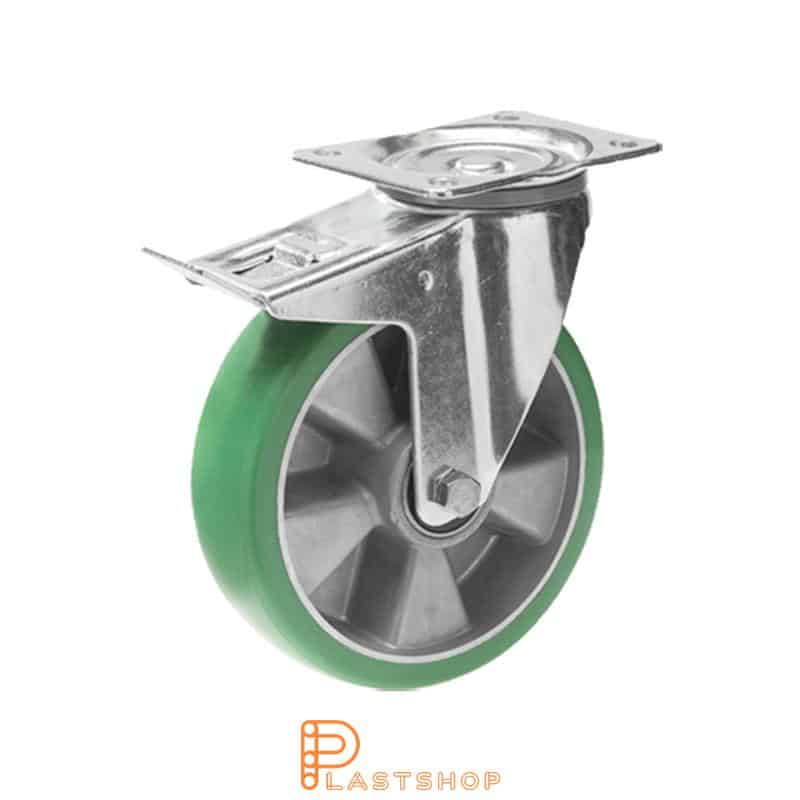 Bromsat länkhjul BP ALU/ElastoPUR 125/163, 400 kg, DKL, grön bana
