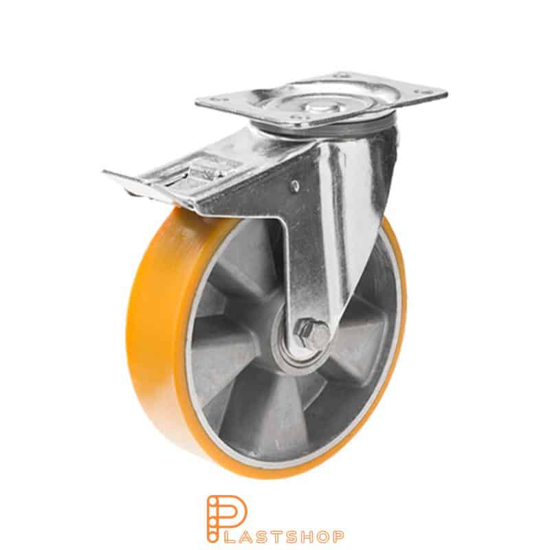 Bromsat länkhjul BP ALU/PUR 150/195, 350 kg, DKL, orange bana