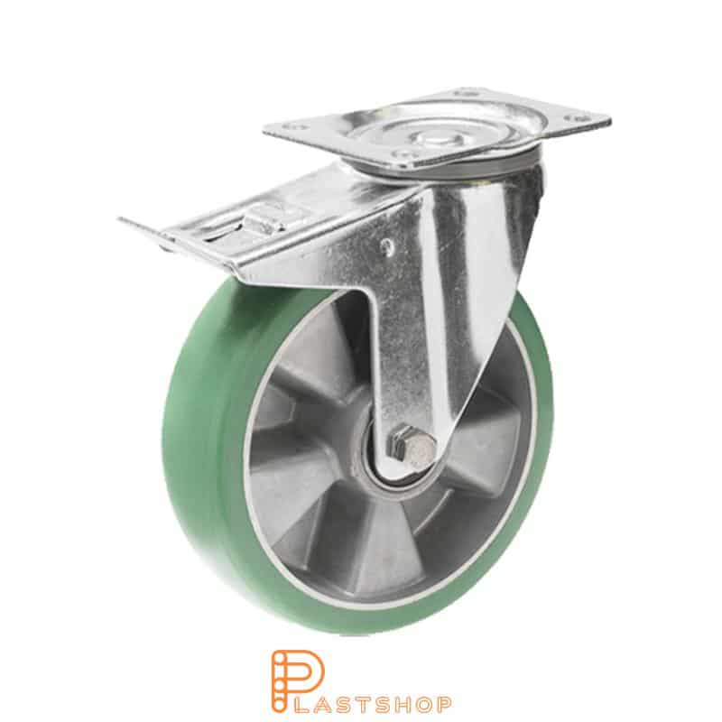Bromsat länkhjul BP ALU/ElastoPUR 160/200, 350 kg, DKL, grön bana