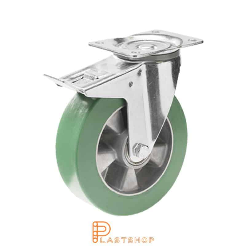 Bromsat länkhjul BP ALU/ElastoPUR 160/200, 350 kg, DKL, grön bana