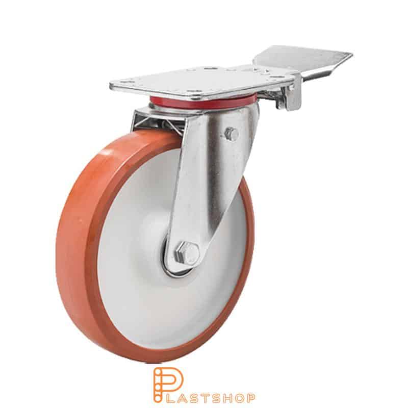 Bromsat länkhjul BP PA6/PUR 200/237, 350 kg, DKL, röd bana