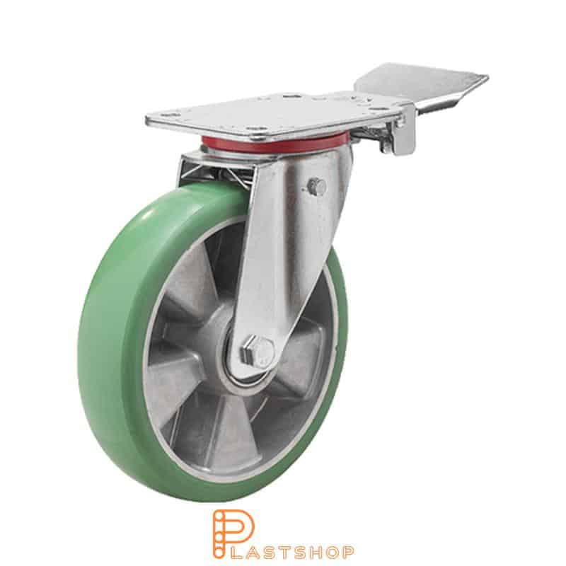 Bromsat länkhjul BP ALU/ElastoPUR 200/237, 350 kg, DKL, grön bana