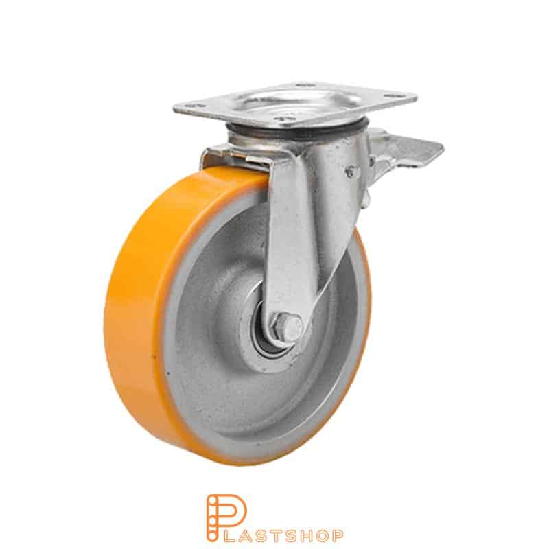 Bromsat länkhjul BP GJ/PUR 100/140, 300 kg, DKL, orange bana