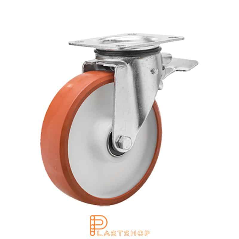 Bromsat länkhjul BP PA6/PUR 125/165,5, 400 kg, DKL, röd bana