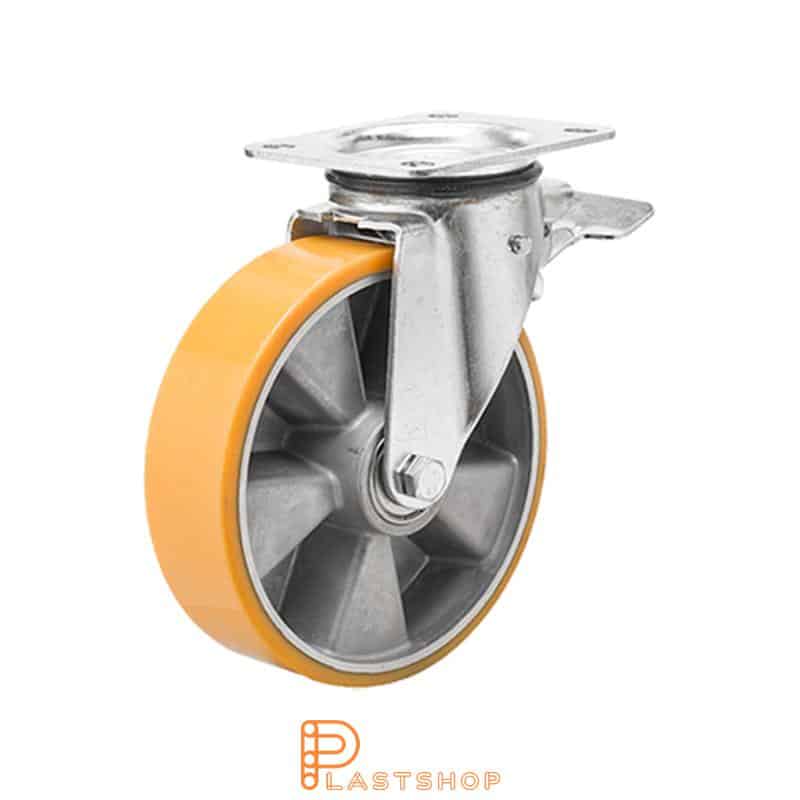 Bromsat länkhjul BP ALU/PUR 125/165,5, 400 kg, DKL, orange bana
