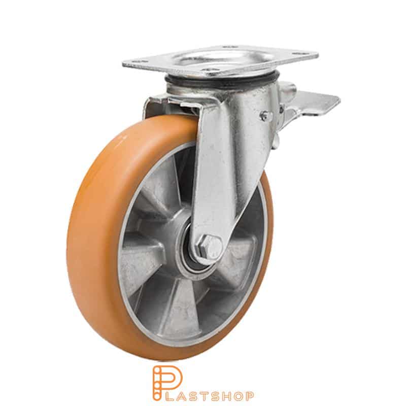 Bromsat länkhjul BP ALU/ElastoPUR 200/239, 400 kg, DKL, brun bana