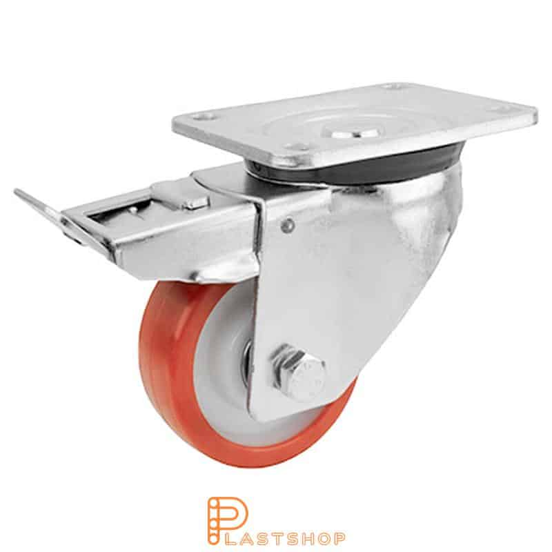Bromsat länkhjul BP PA6/PUR 100/142, 300 kg, DKL, röd bana
