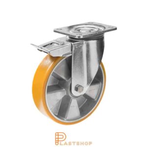 Bromsat länkhjul BP ALU/PUR 100/142, 400 kg, DKL, orange bana