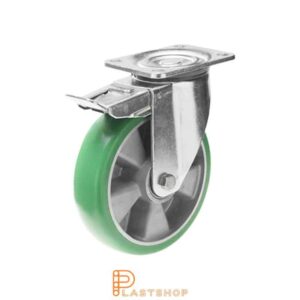 Bromsat länkhjul BP ALU/ElastoPUR 100/142, 350 kg, DKL, grön bana