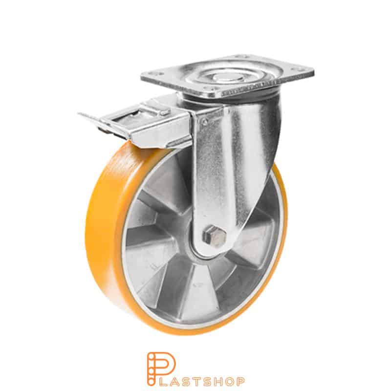 Bromsat länkhjul BP ALU/PUR 125/164, 450 kg, DKL, orange bana