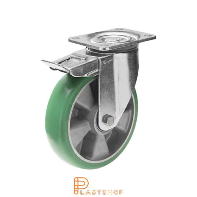 Bromsat länkhjul BP ALU/ElastoPUR 125/164, 400 kg, DKL, grön bana