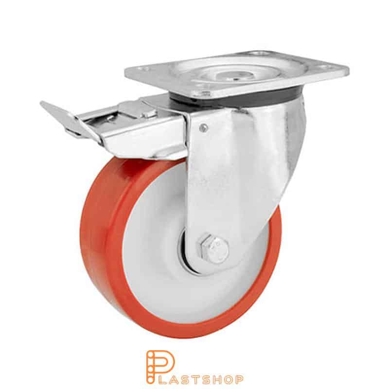 Bromsat länkhjul BP PA6/PUR 150/194, 600 kg, DKL, röd bana