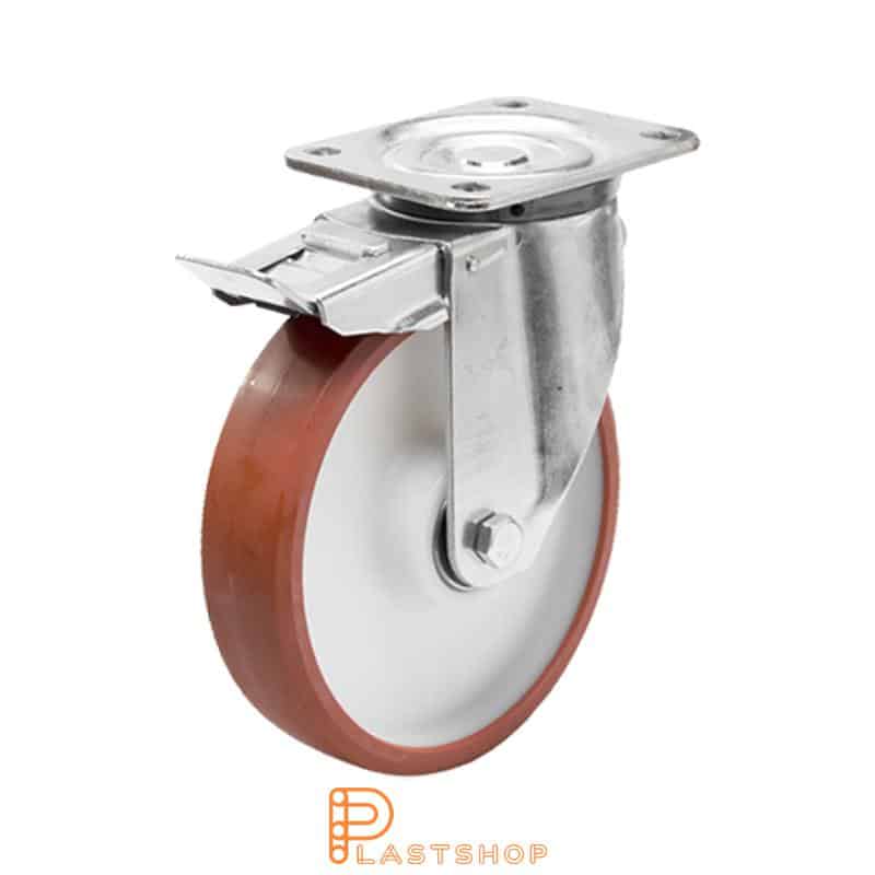 Bromsat länkhjul BP PA6/PUR 200/239, 500 kg, DKL, röd bana