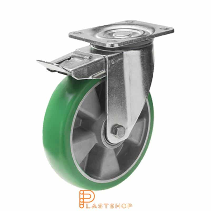 Bromsat länkhjul BP ALU/ElastoPUR 250/292, 750 kg, DKL, grön bana