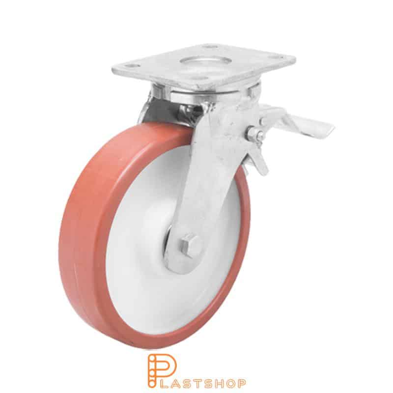 Bromsat länkhjul BP PA6/PUR 200/245, 750 kg, DKL, röd bana