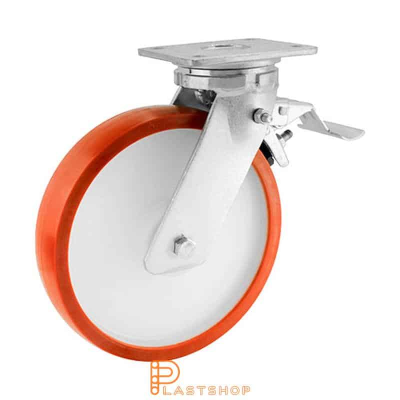 Bromsat länkhjul BP PA6/PUR 250/300, 750 kg, DKL, röd bana