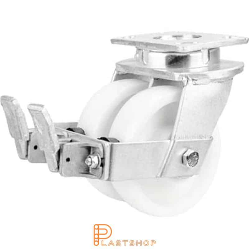 Bromsat länkhjul BP-D PA6 150/200, 1350 kg, DKL, vit bana