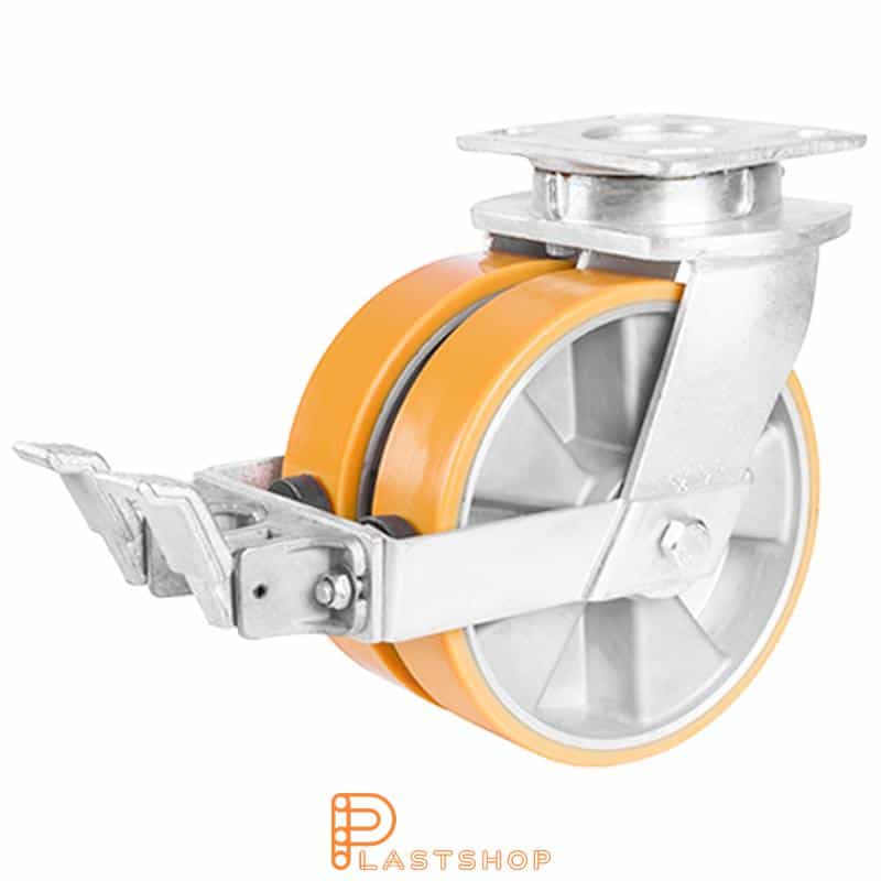 Bromsat länkhjul BP-D ALU/PUR 150/200, 1000 kg, DKL, orange bana