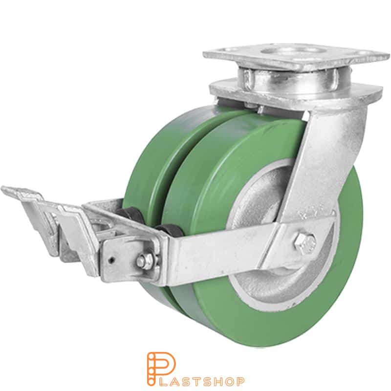 Bromsat länkhjul BP-D GJ/ElastoPUR 200/250, 1400 kg, DKL, grön bana