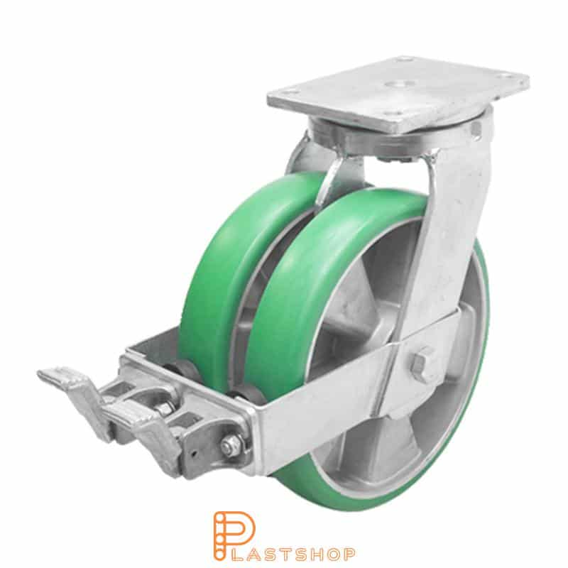 Bromsat länkhjul BP-D ALU/ElastoPUR 250/314, 1500 kg, DKL, grön bana