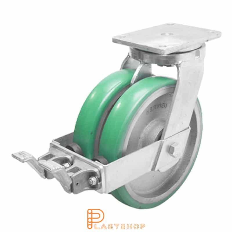 Bromsat länkhjul BP-D GJ/ElastoPUR 250/314, 1500 kg, DKL, grön bana